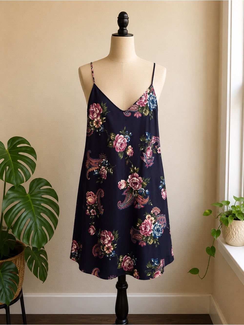 Navy Floral Slip Dress with Pink Rose Print